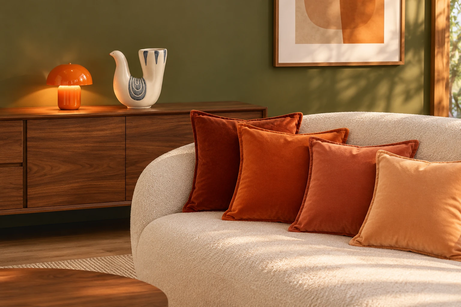 Retro-Wohnwelt mit orangefarbener Pilzlampe und Vogel-Vase auf einem Walnuss-Sideboard sowie Samtkissen in Orange- und Rosttönen.