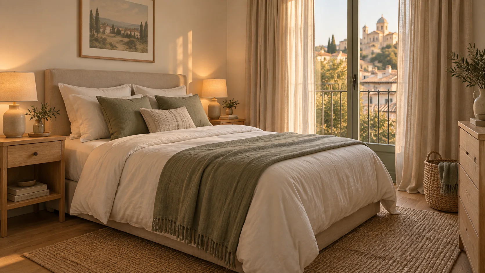 Schlafzimmer mit geschichtetem Bettzeug, Leinenvorhängen und warmen Nachttischlampen
